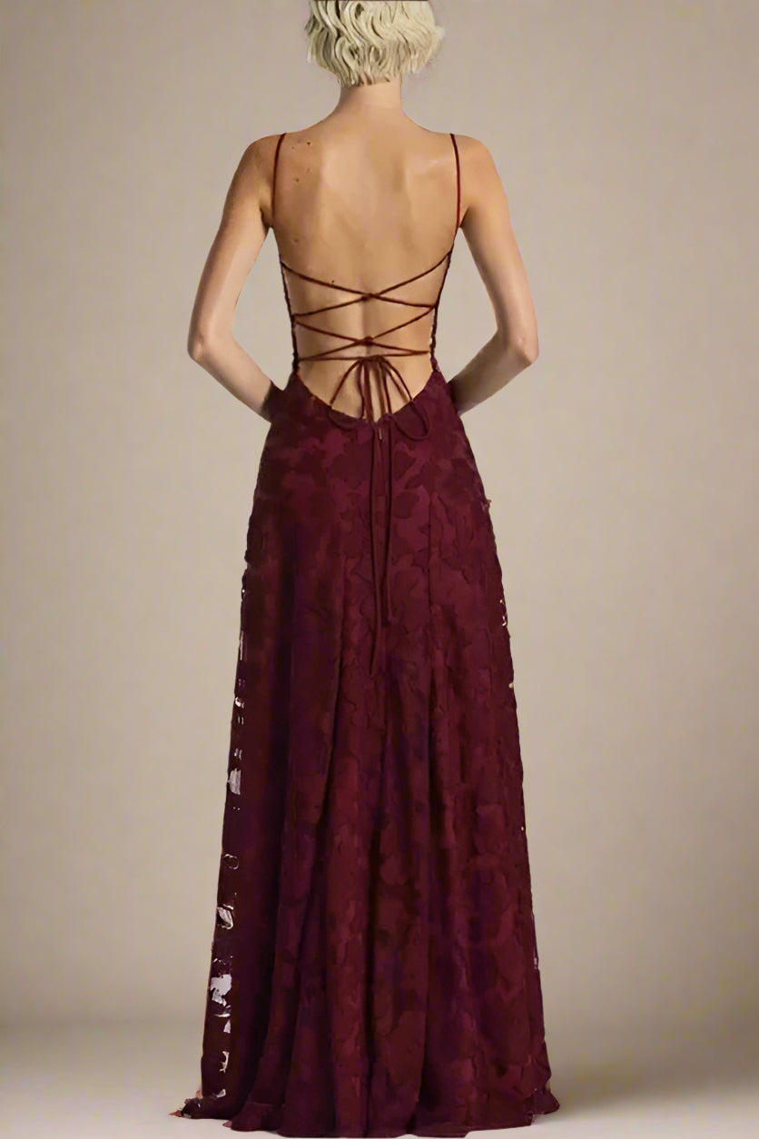 Woman wearing a figure flattering Ivy Bodycon Maxi Dress - Red Wine BODYCON COLLECTION