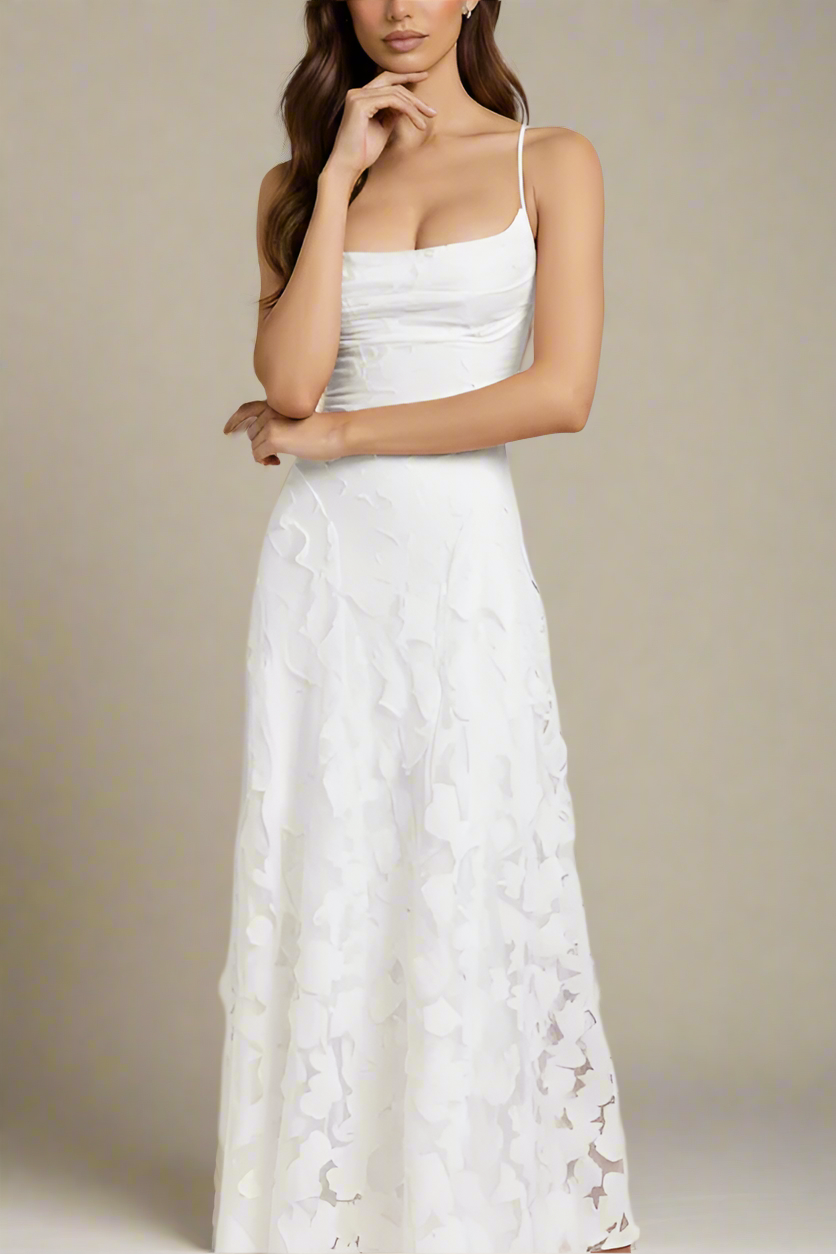 Woman wearing a figure flattering Ivy Bodycon Maxi Dress - White Pearl BODYCON COLLECTION