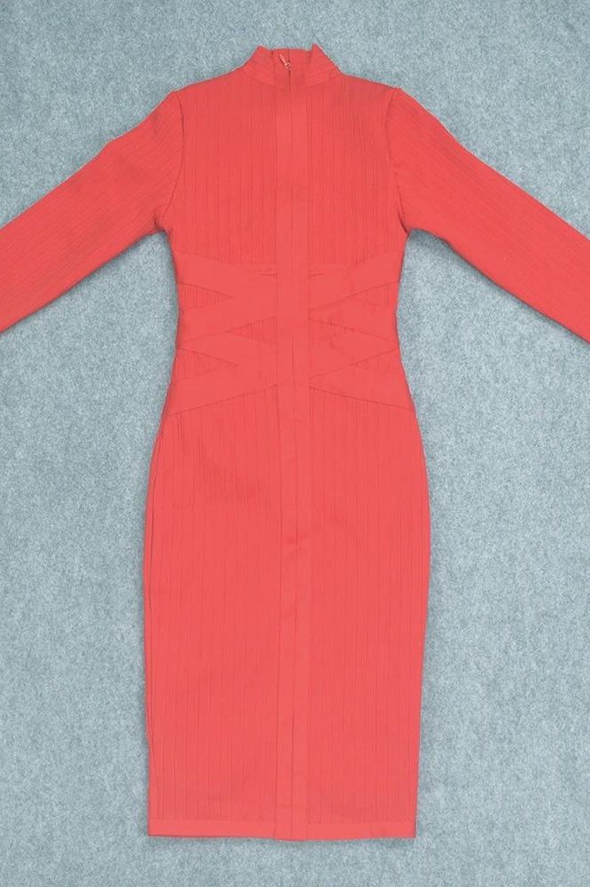 Woman wearing a figure flattering Jane Long Sleeve Bodycon Midi Dress - Lipstick Red Bodycon Collection