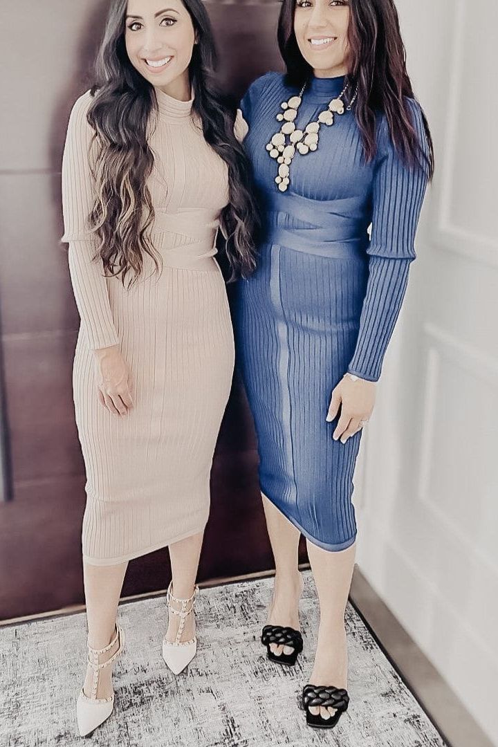 Woman wearing a figure flattering Jane Long Sleeve Bodycon Midi Dress - Nude Bodycon Collection