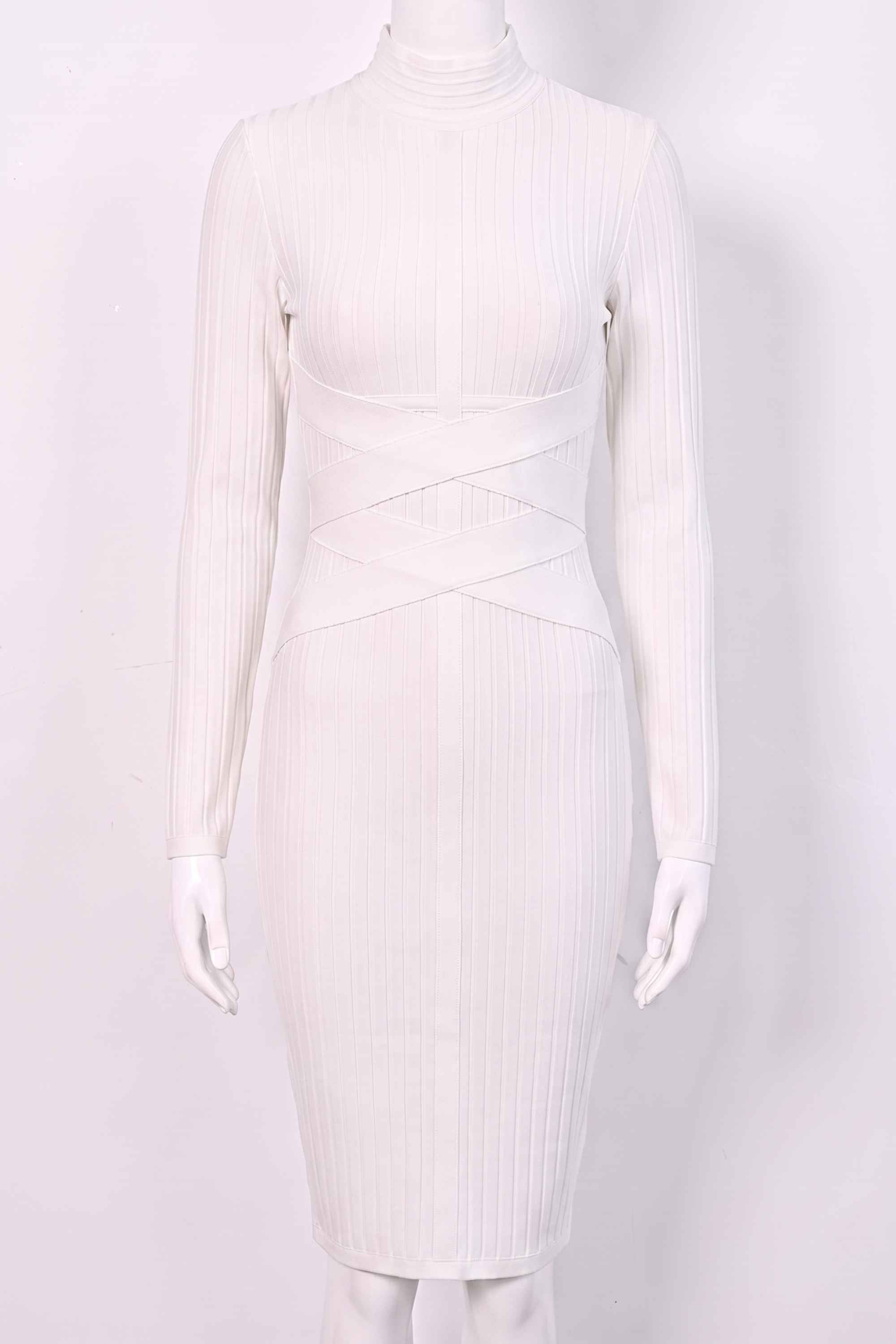 Woman wearing a figure flattering Jane Long Sleeve Bodycon Midi Dress - Pearl White Bodycon Collection