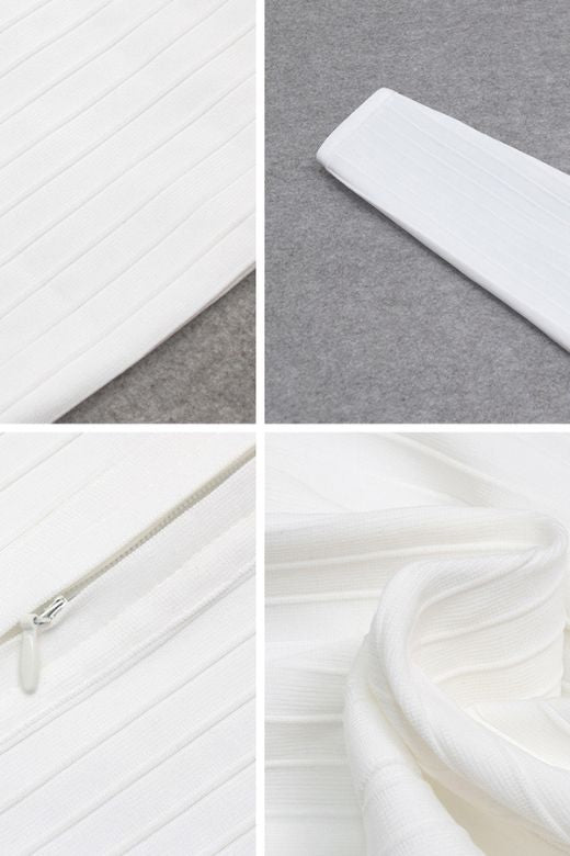 Woman wearing a figure flattering Jane Long Sleeve Bodycon Midi Dress - White Pearl Bodycon Collection