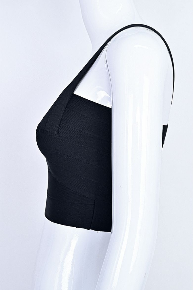 Woman wearing a figure flattering Jay Bandage Crop Top - Classic Black BODYCON COLLECTION