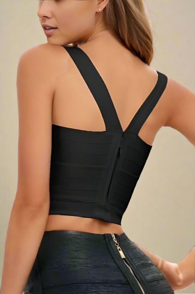 Woman wearing a figure flattering  Jay Bandage Crop Top - Classic Black BODYCON COLLECTION