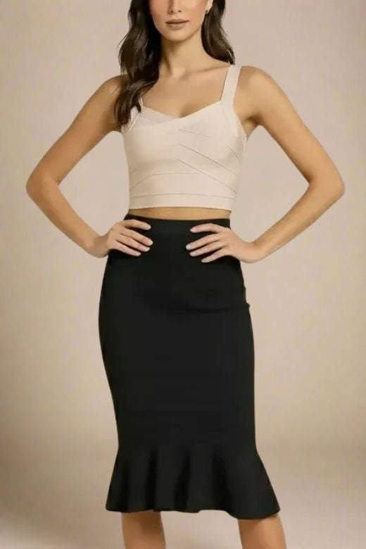 Woman wearing a figure flattering Jay Bandage Crop Top - Cream BODYCON COLLECTION