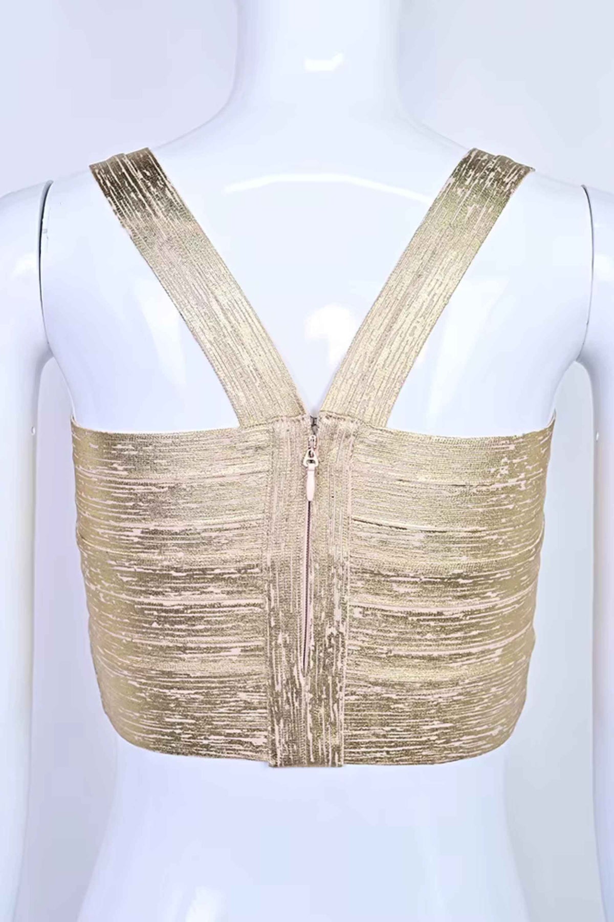 Woman wearing a figure flattering Jay Bandage Crop Top - Gold BODYCON COLLECTION