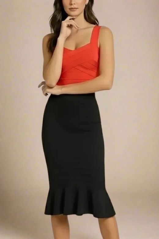 Woman wearing a figure flattering Jay Bandage Crop Top - Lipstick Red BODYCON COLLECTION