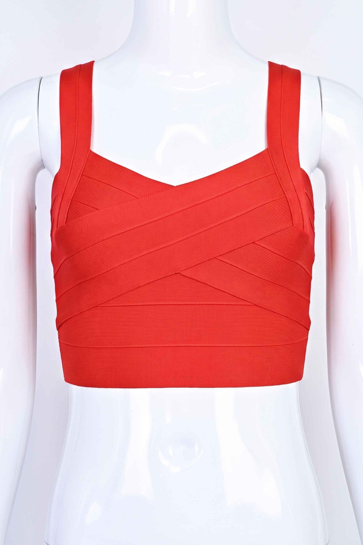 Woman wearing a figure flattering Jay Bandage Crop Top - Lipstick Red BODYCON COLLECTION