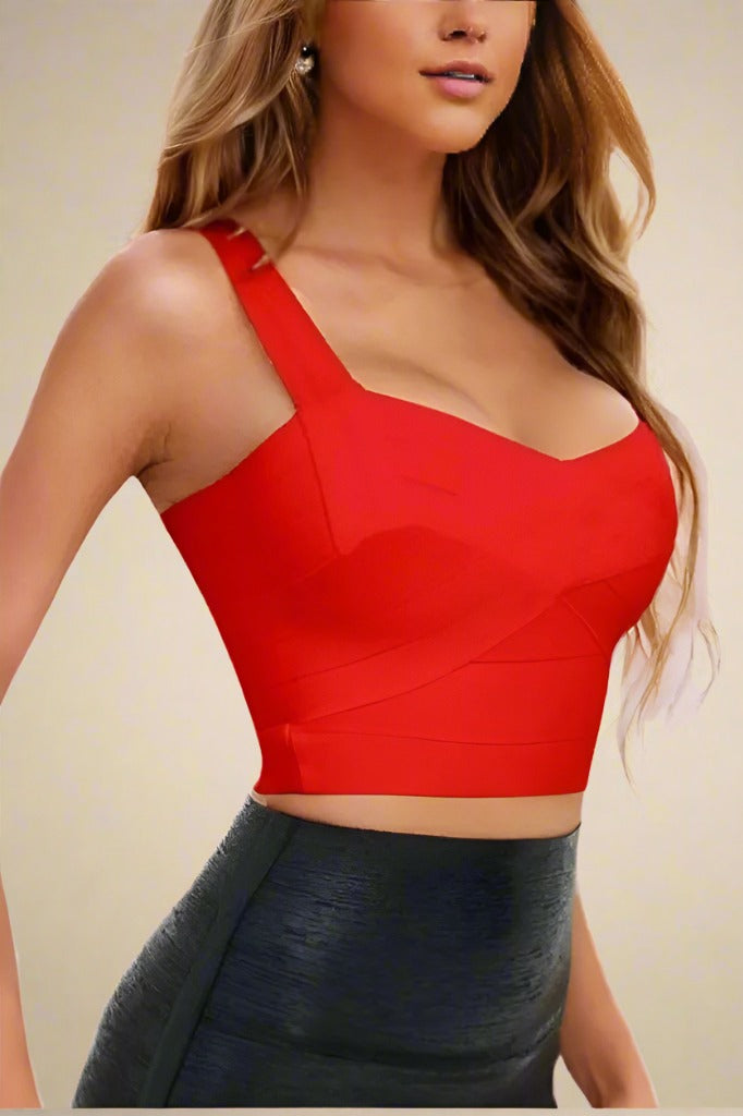 Woman wearing a figure flattering  Jay Bandage Crop Top - Lipstick Red BODYCON COLLECTION