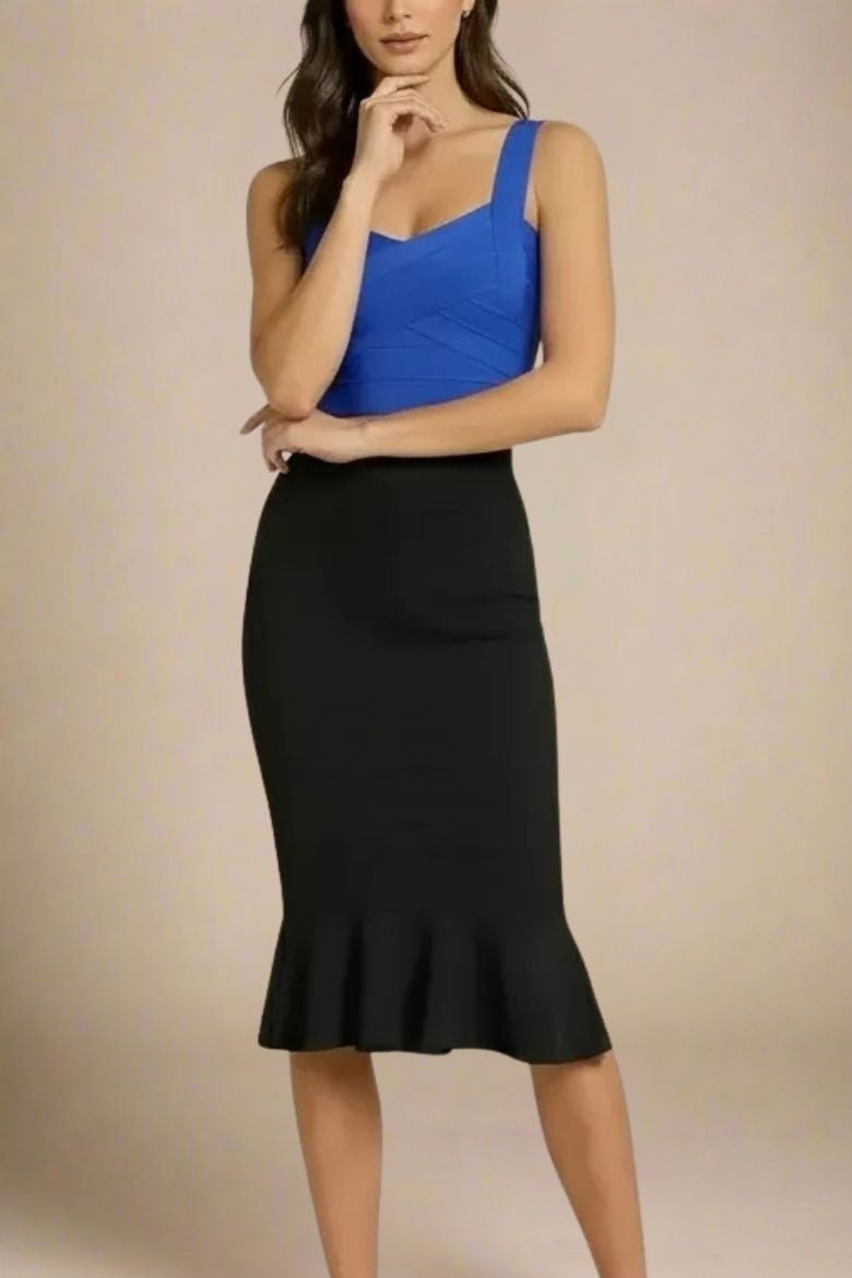 Woman wearing a figure flattering Jay Bandage Crop Top - Royal Blue BODYCON COLLECTION