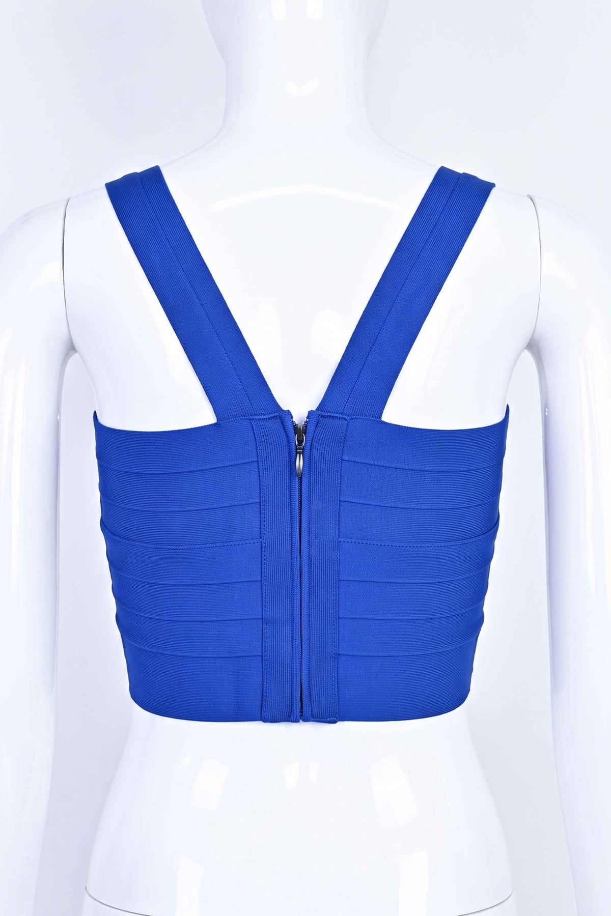 Woman wearing a figure flattering Jay Bandage Crop Top - Royal Blue BODYCON COLLECTION