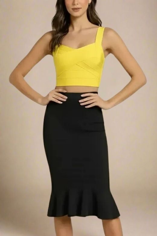 Woman wearing a figure flattering Jay Bandage Crop Top - Sun Yellow BODYCON COLLECTION