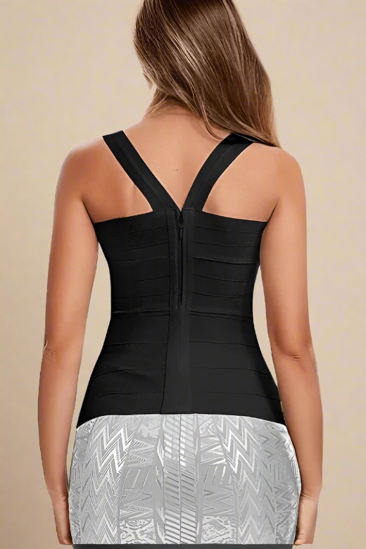 Woman wearing a figure flattering  Jay Bandage Top - Classic Black BODYCON COLLECTION
