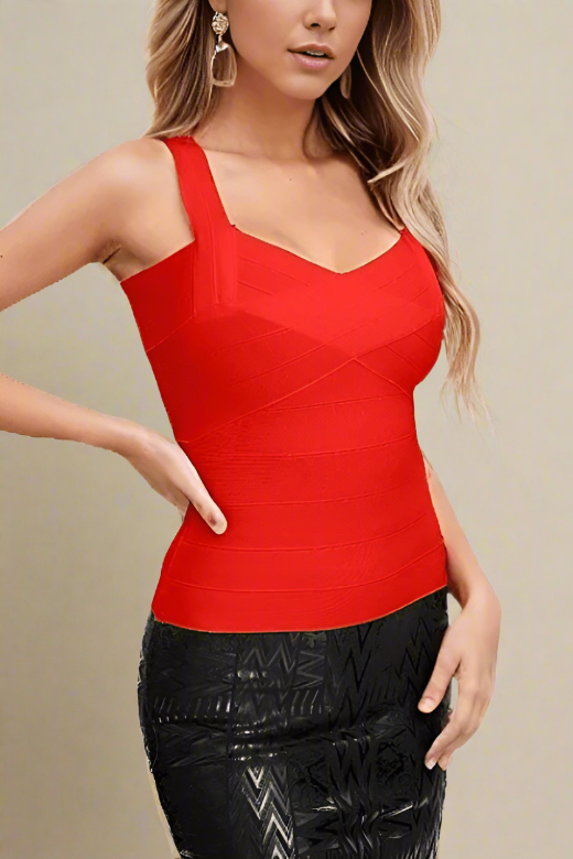 Woman wearing a figure flattering  Jay Bandage Top - Lipstick Red BODYCON COLLECTION