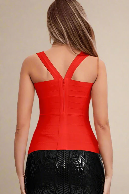 Woman wearing a figure flattering  Jay Bandage Top - Lipstick Red BODYCON COLLECTION
