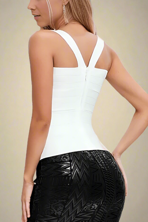 Woman wearing a figure flattering  Jay Bandage Top - Pearl White BODYCON COLLECTION