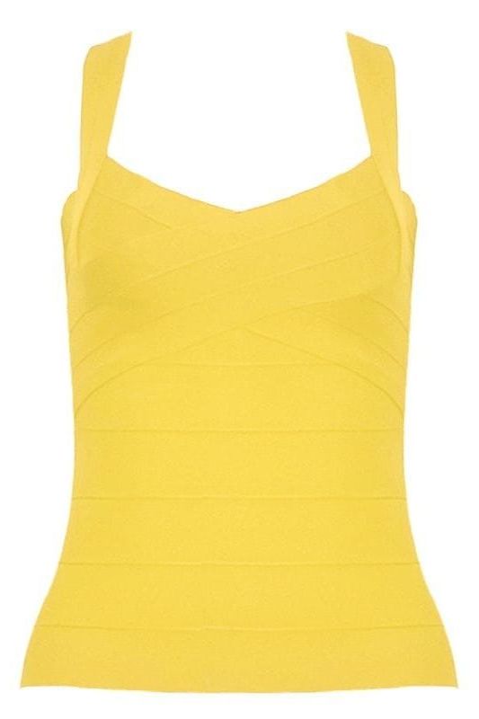 Woman wearing a figure flattering  Jay Bandage Top - Sun Yellow BODYCON COLLECTION