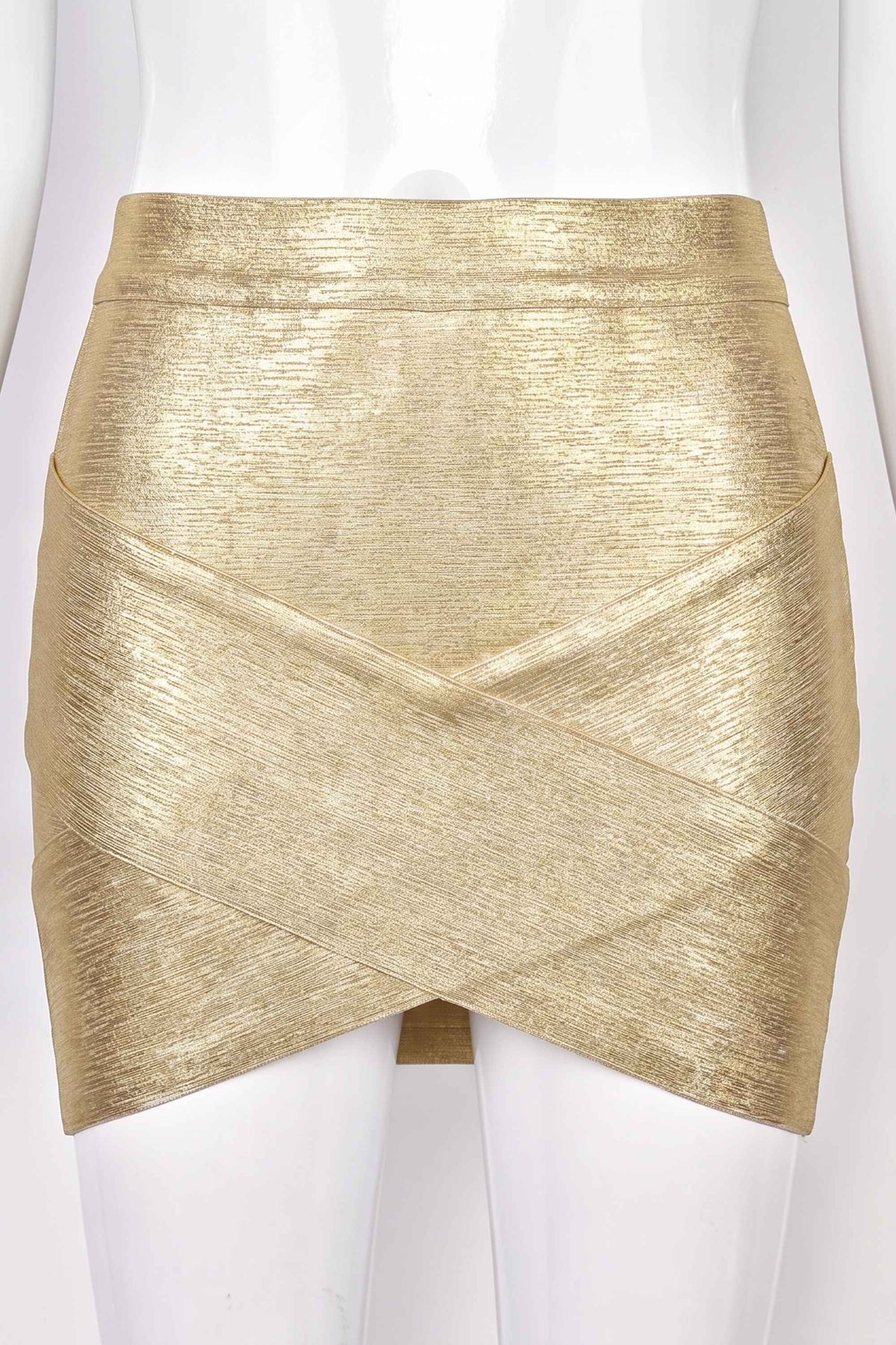 Woman wearing a figure flattering Jay High Waist Bandage Mini Skirt - Gold BODYCON COLLECTION