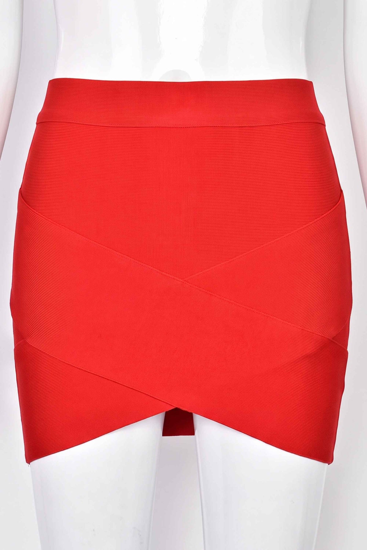 Woman wearing a figure flattering Jay High Waist Bandage Mini Skirt - Lipstick Red BODYCON COLLECTION