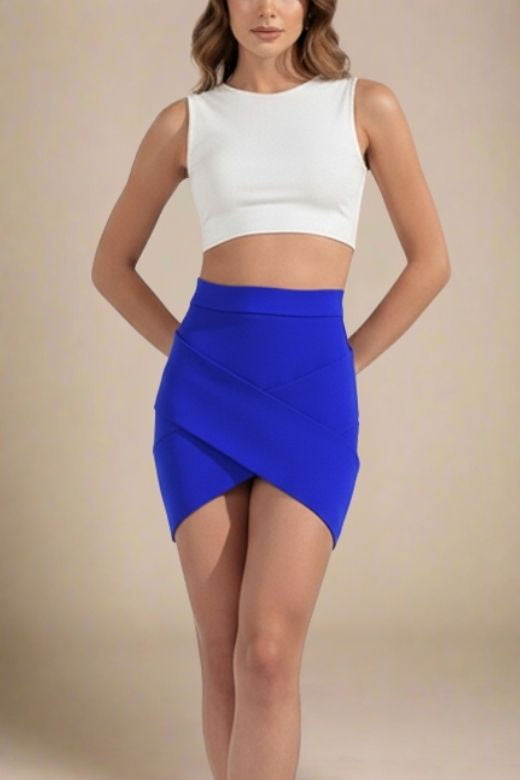 Woman wearing a figure flattering Jay High Waist Bandage Mini Skirt - Royal Blue BODYCON COLLECTION
