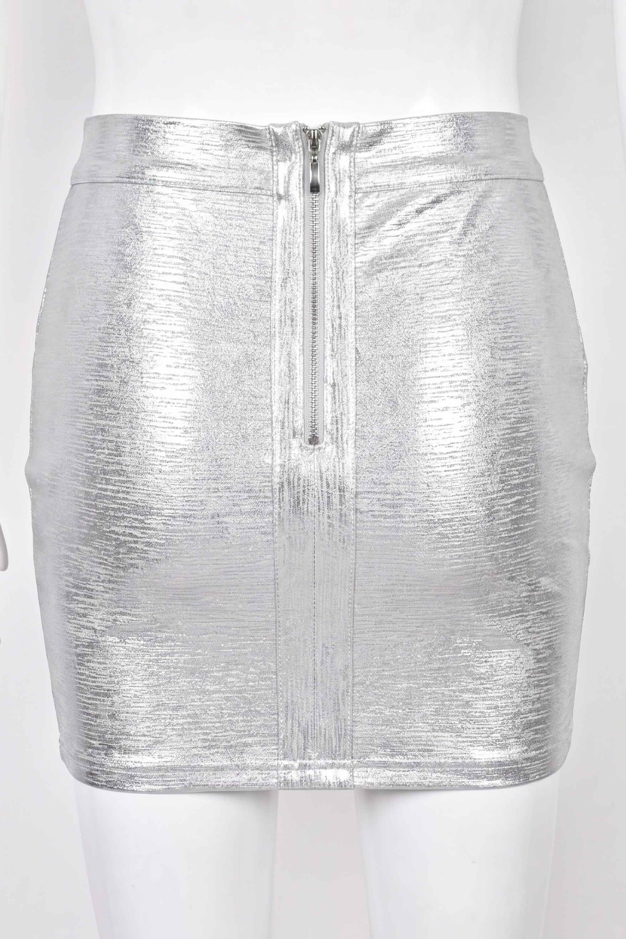 Woman wearing a figure flattering Jay High Waist Bandage Mini Skirt - Silver BODYCON COLLECTION
