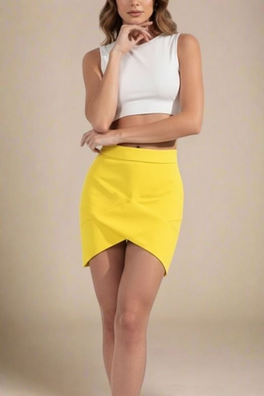 Woman wearing a figure flattering Jay High Waist Bandage Mini Skirt - Sun Yellow BODYCON COLLECTION
