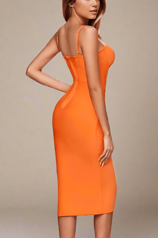 Woman wearing a figure flattering  Jeni Bandage Dress - Apricot Orange BODYCON COLLECTION