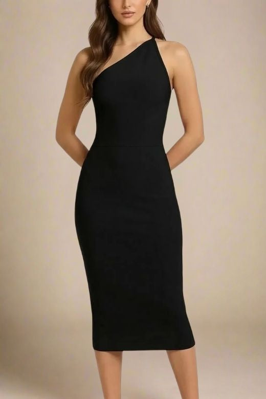 Woman wearing a figure flattering Joi Bodycon Midi Dress - Classic Black Bodycon Collection