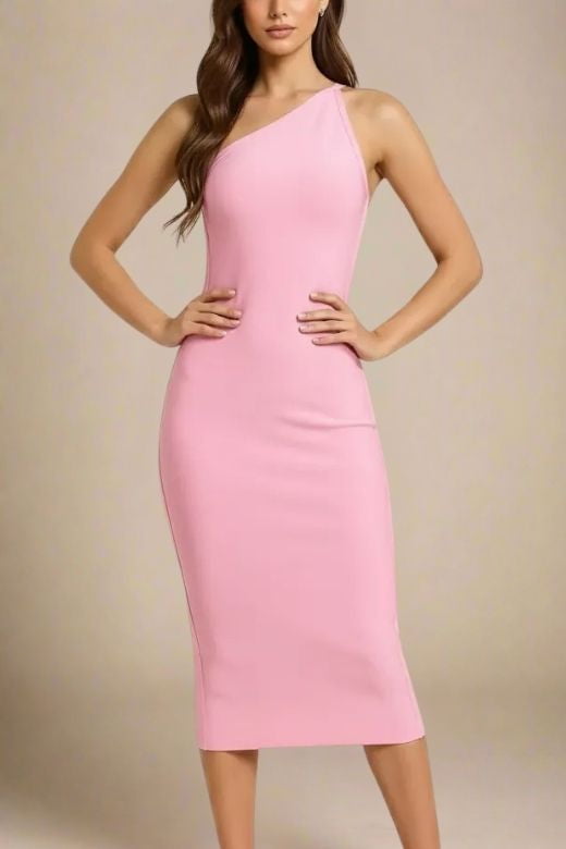 Woman wearing a figure flattering Joi Bodycon Midi Dress - Dusty Pink Bodycon Collection