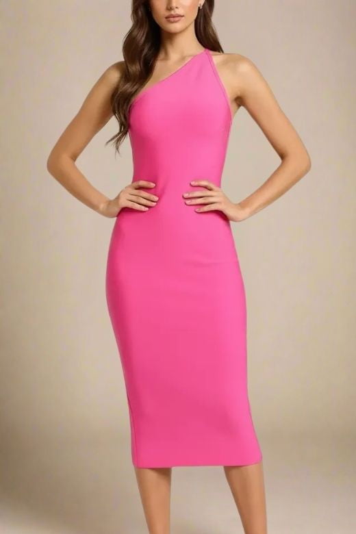 Woman wearing a figure flattering Joi Bodycon Midi Dress - Hot Pink Bodycon Collection