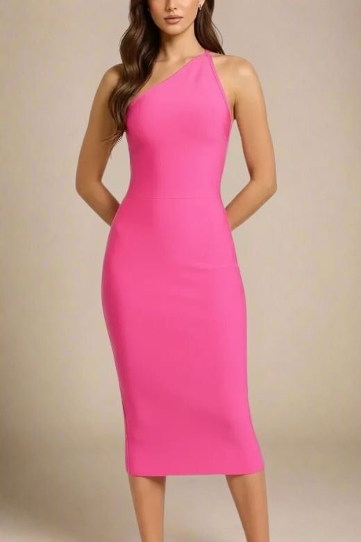 Woman wearing a figure flattering Joi Bodycon Midi Dress - Hot Pink Bodycon Collection