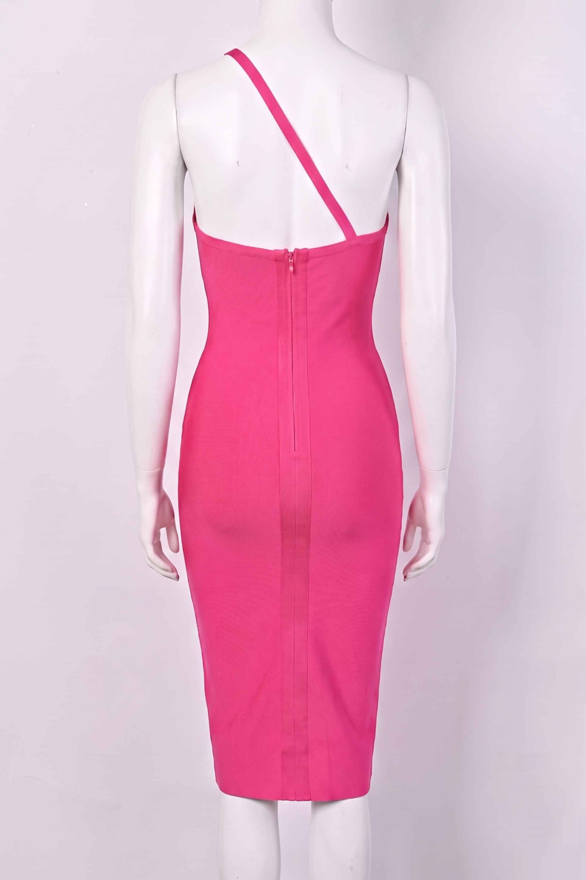 Woman wearing a figure flattering Joi Bodycon Midi Dress - Hot Pink Bodycon Collection