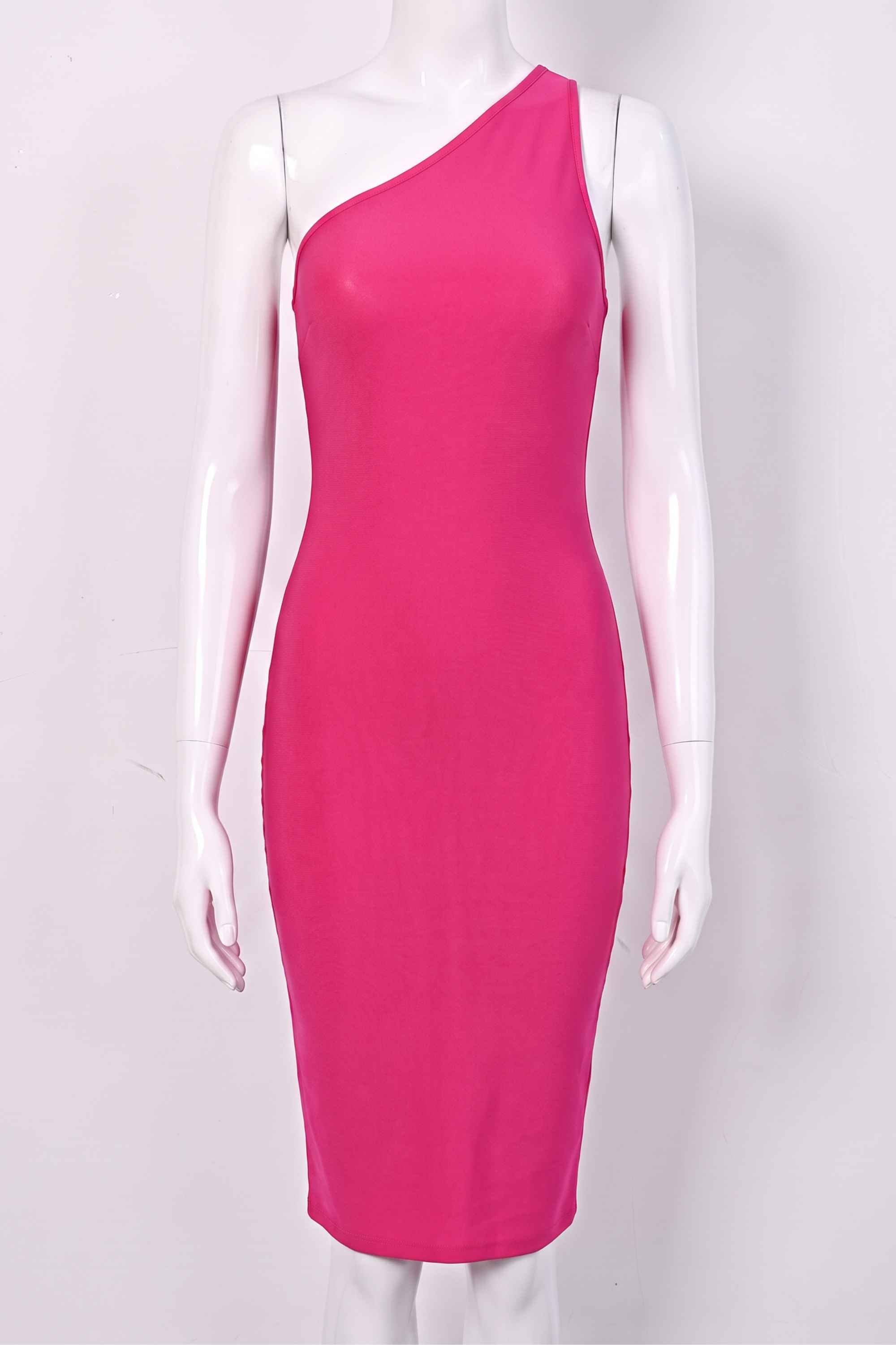 Woman wearing a figure flattering Joi Bodycon Midi Dress - Hot Pink Bodycon Collection