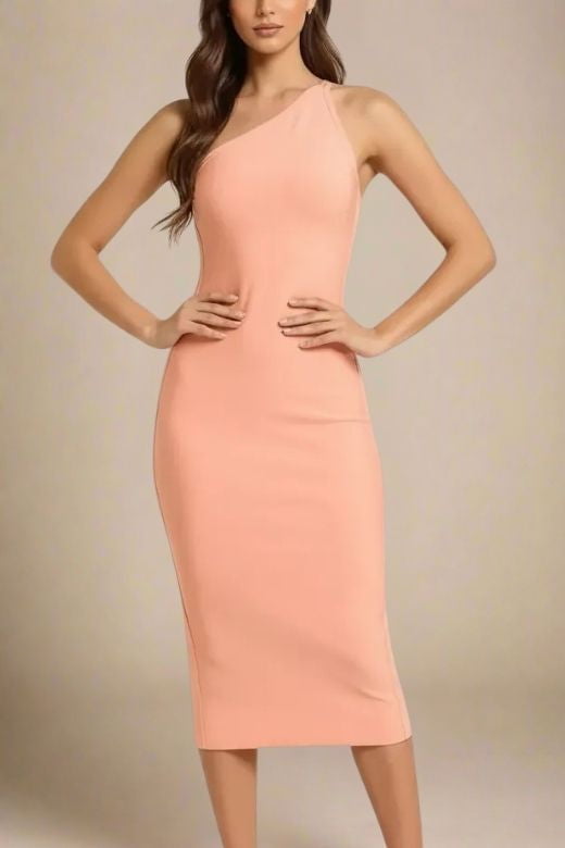 Woman wearing a figure flattering Joi Bodycon Midi Dress - Peach Bodycon Collection