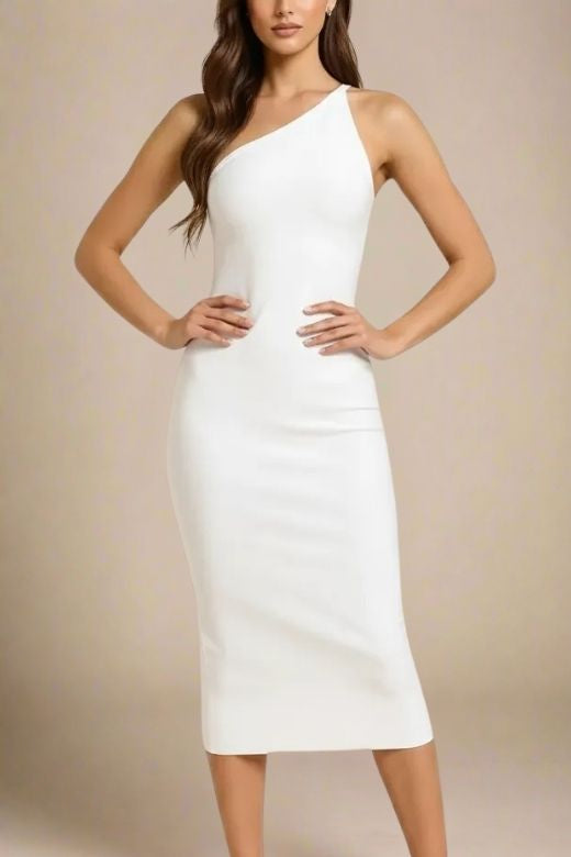 Bodycon Collection White Pearl One Shoulder Midi Bodycon Dress for Women, Size L Bodycon Collection White Pearl One Shoulder Midi Bodycon Dress for Women, Size L