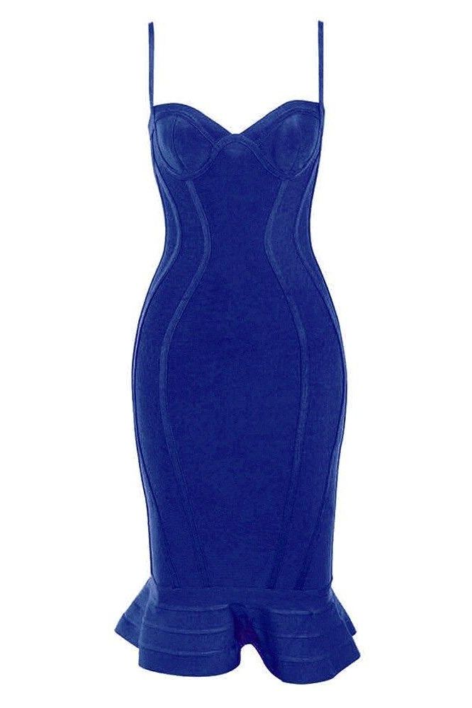 Woman wearing a figure flattering Joy Bandage Midi Dress - Royal Blue Bodycon Collection