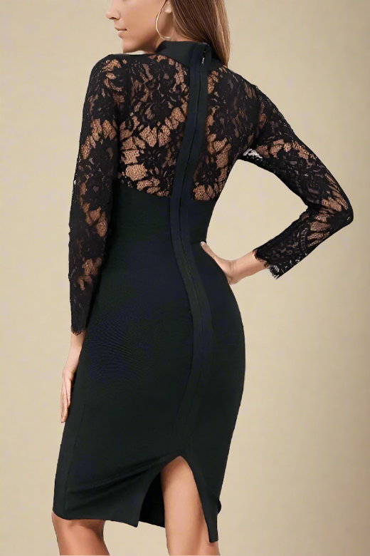 Woman wearing a figure flattering  Kailey Long Sleeve Bandage Dress - Classic Black BODYCON COLLECTION