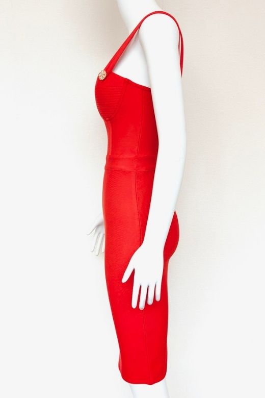 Woman wearing a figure flattering Kate Bandage Dress - Lipstick Red Bodycon Collection