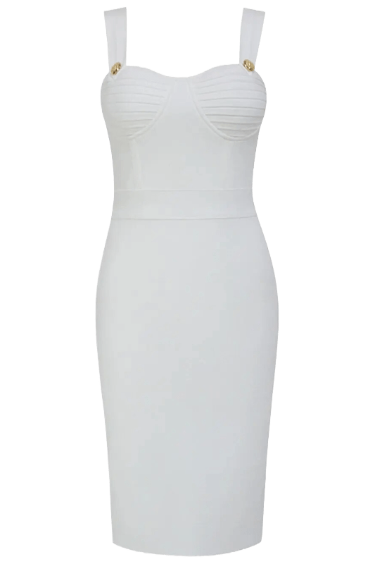 Woman wearing a figure flattering Kate Bandage Dress - Pearl White Bodycon Collection