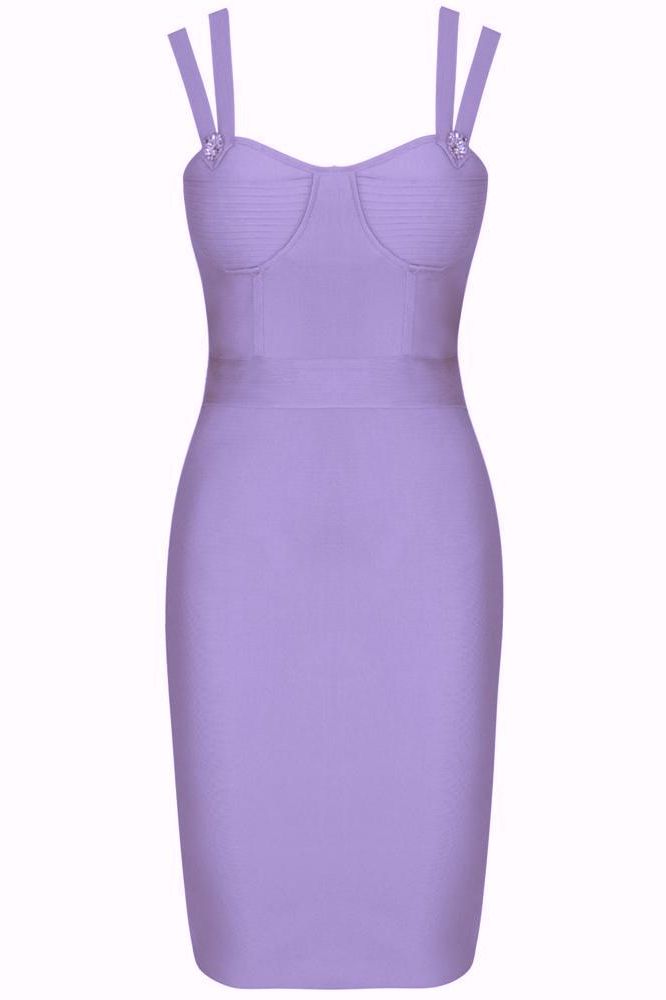 Woman wearing a figure flattering Kate Bandage Dress - Violet Bodycon Collection