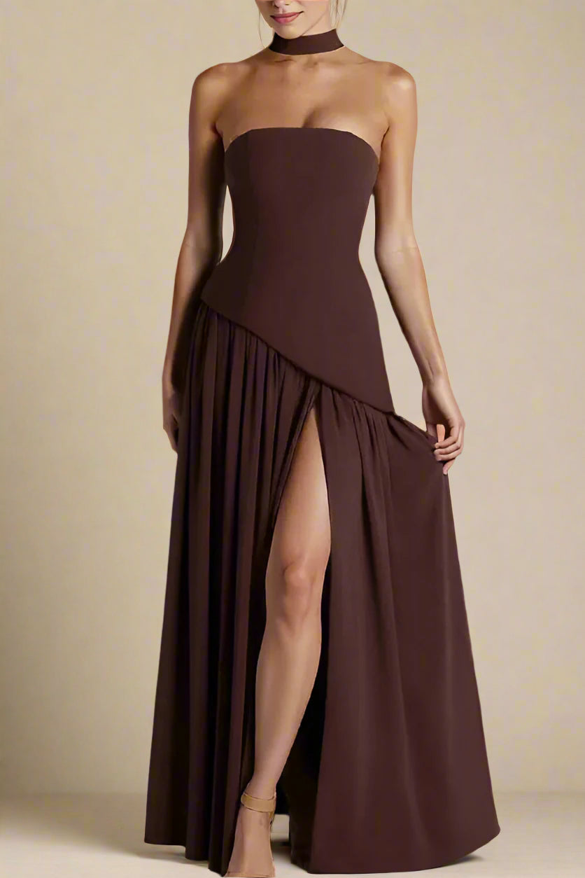 Woman wearing a figure flattering Kellie Bodycon Maxi Dress - Chocolate Brown BODYCON COLLECTION