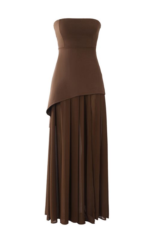 Woman wearing a figure flattering Kellie Bodycon Maxi Dress - Chocolate Brown BODYCON COLLECTION