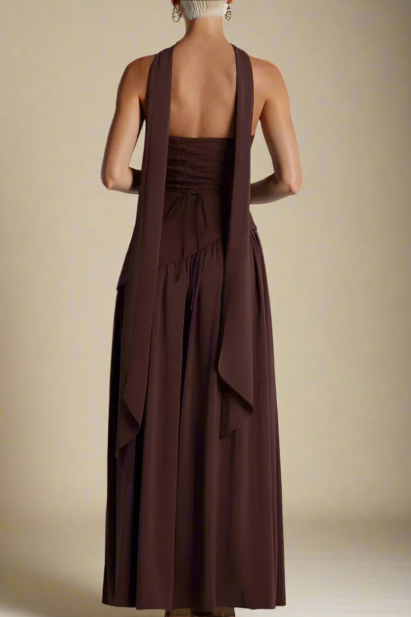 Woman wearing a figure flattering Kellie Bodycon Maxi Dress - Chocolate Brown BODYCON COLLECTION
