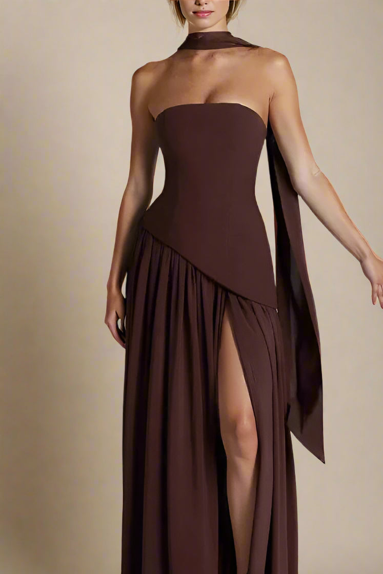 Woman wearing a figure flattering Kellie Bodycon Maxi Dress - Chocolate Brown BODYCON COLLECTION