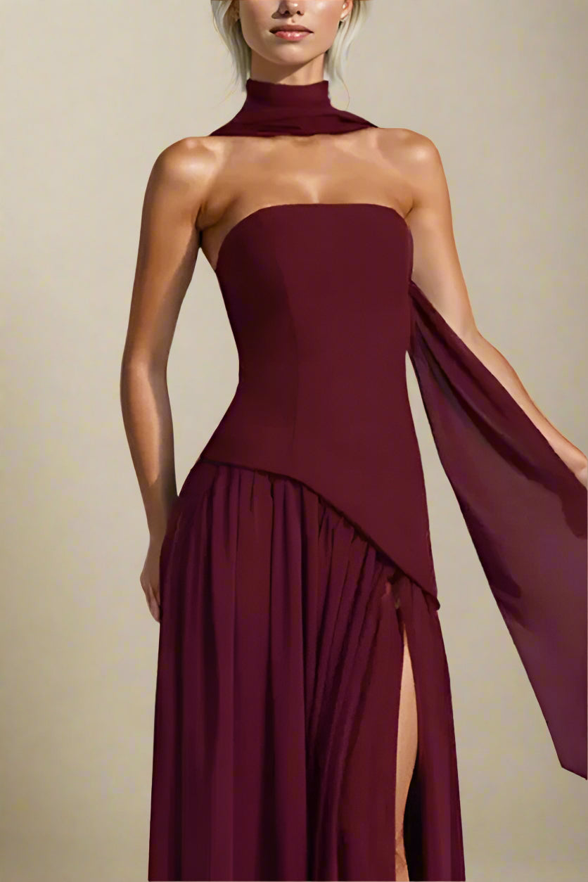 Woman wearing a figure flattering Kellie Bodycon Maxi Dress - Red Wine BODYCON COLLECTION