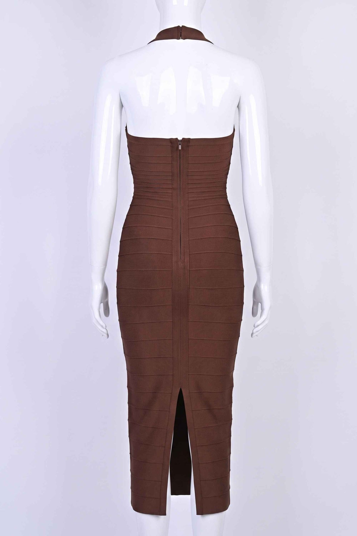 Woman wearing a figure flattering Kia Bandage Maxi Dress - Chocolate Brown BODYCON COLLECTION Pty Ltd