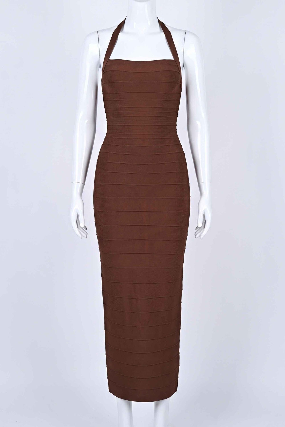 Woman wearing a figure flattering Kia Bandage Maxi Dress - Chocolate Brown BODYCON COLLECTION Pty Ltd