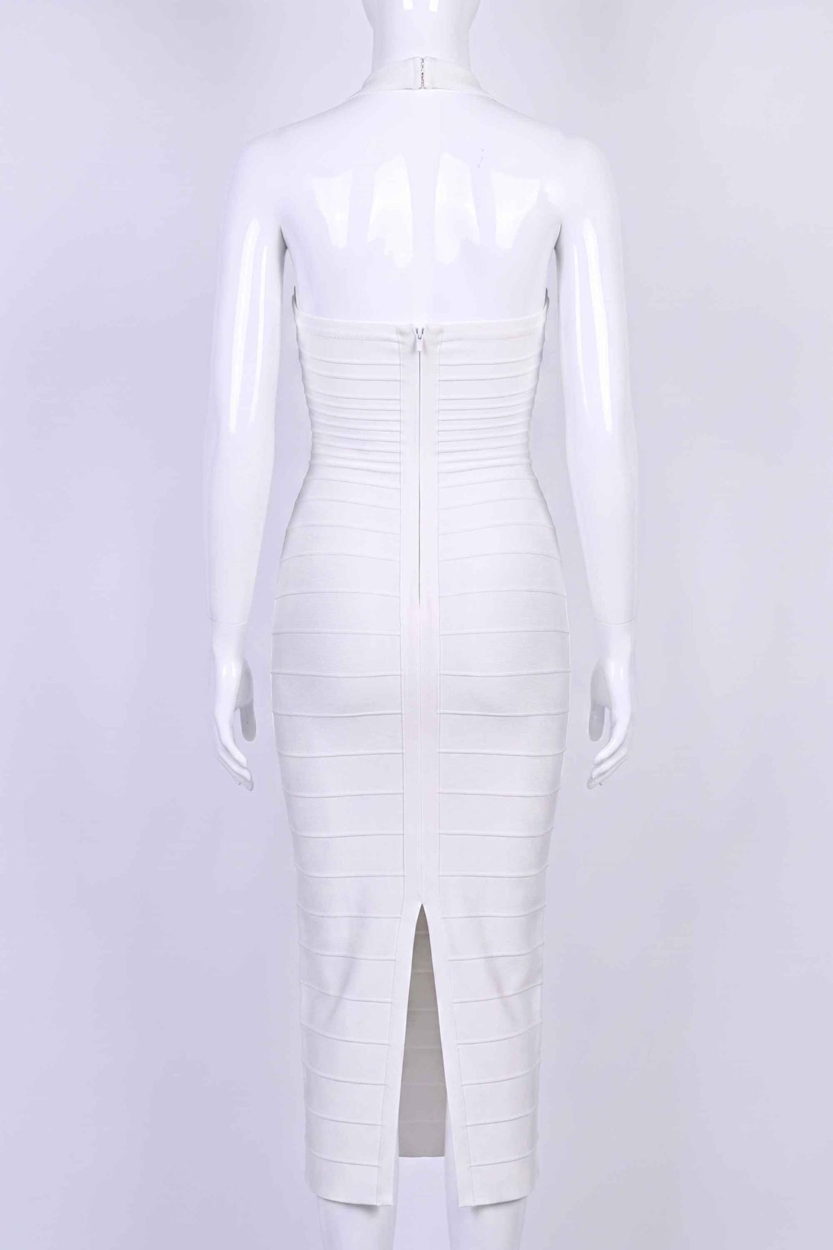 Woman wearing a figure flattering Kia Bandage Maxi Dress - White Pearl BODYCON COLLECTION Pty Ltd