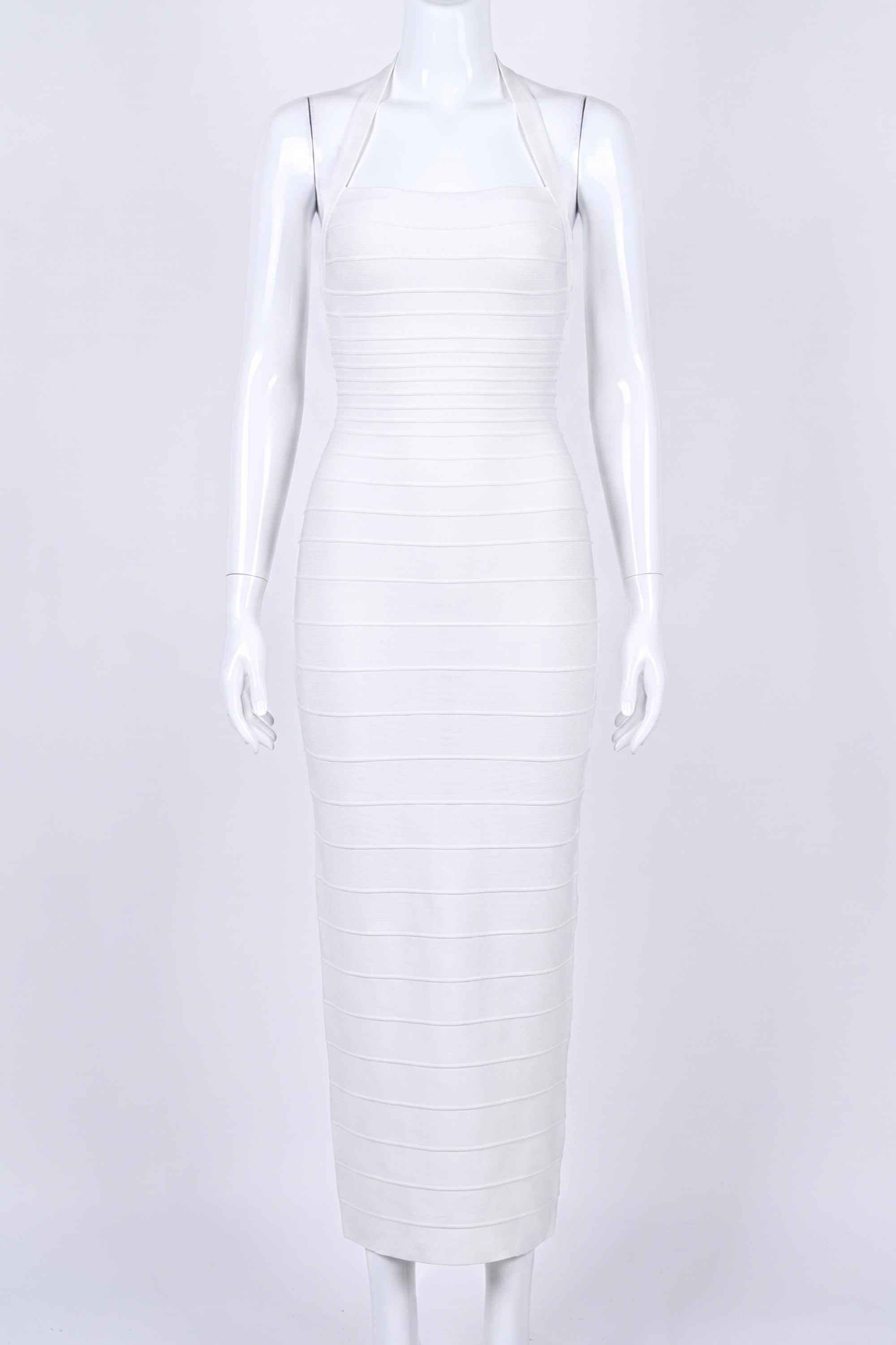 Woman wearing a figure flattering Kia Bandage Maxi Dress - White Pearl BODYCON COLLECTION Pty Ltd