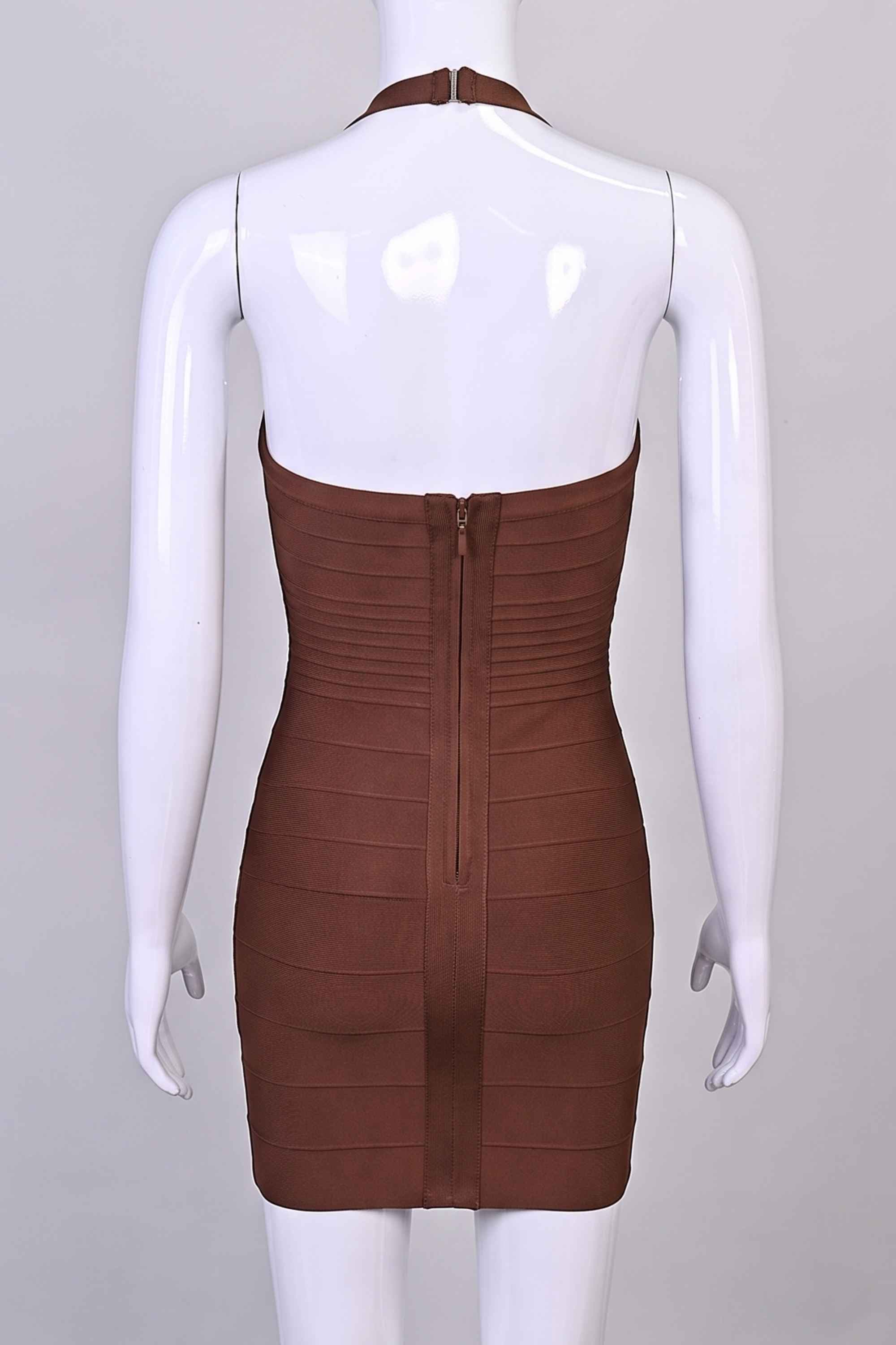 Woman wearing a figure flattering Kia Bandage Mini Dress - Chocolate Brown BODYCON COLLECTION Pty Ltd